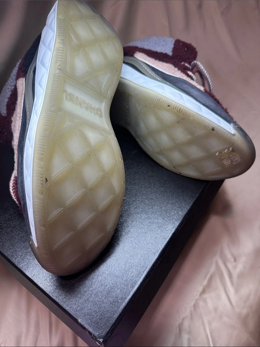 CHANEL womens Burgundy & Gray Shearling High-Top Sneakers